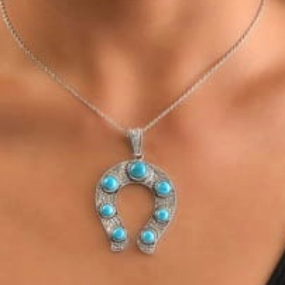 Lg Blue Ridge Turquoise Horseshoe Pendant in Sterling Silver on 24" Necklace NWT - Picture 2 of 12